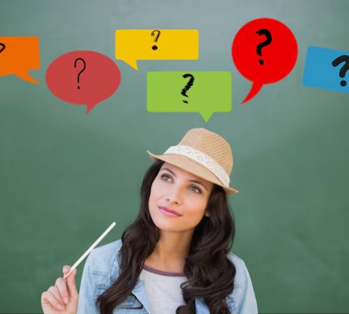 Person thinking under question-mark speech bubbles